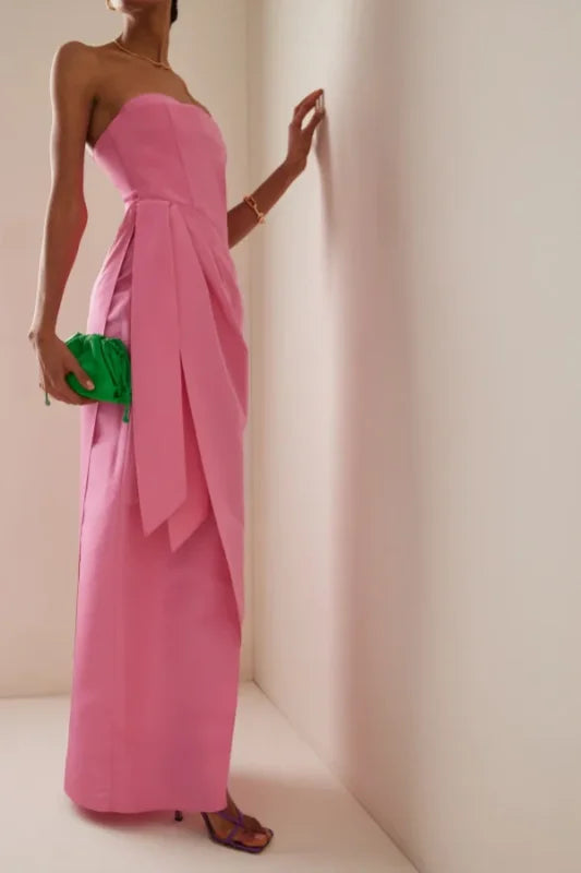 Vestido formal con hombros descubiertos, plisado, elegante, rosa, sin tirantes, largo, adelgazante, para fiesta